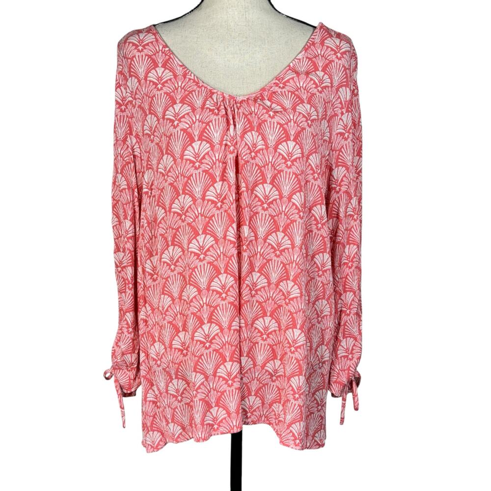 Lane Bryant SZ 18 Top Seashell Print Stretch V-Neck Long Sleeve Hi-Low Hem Pink